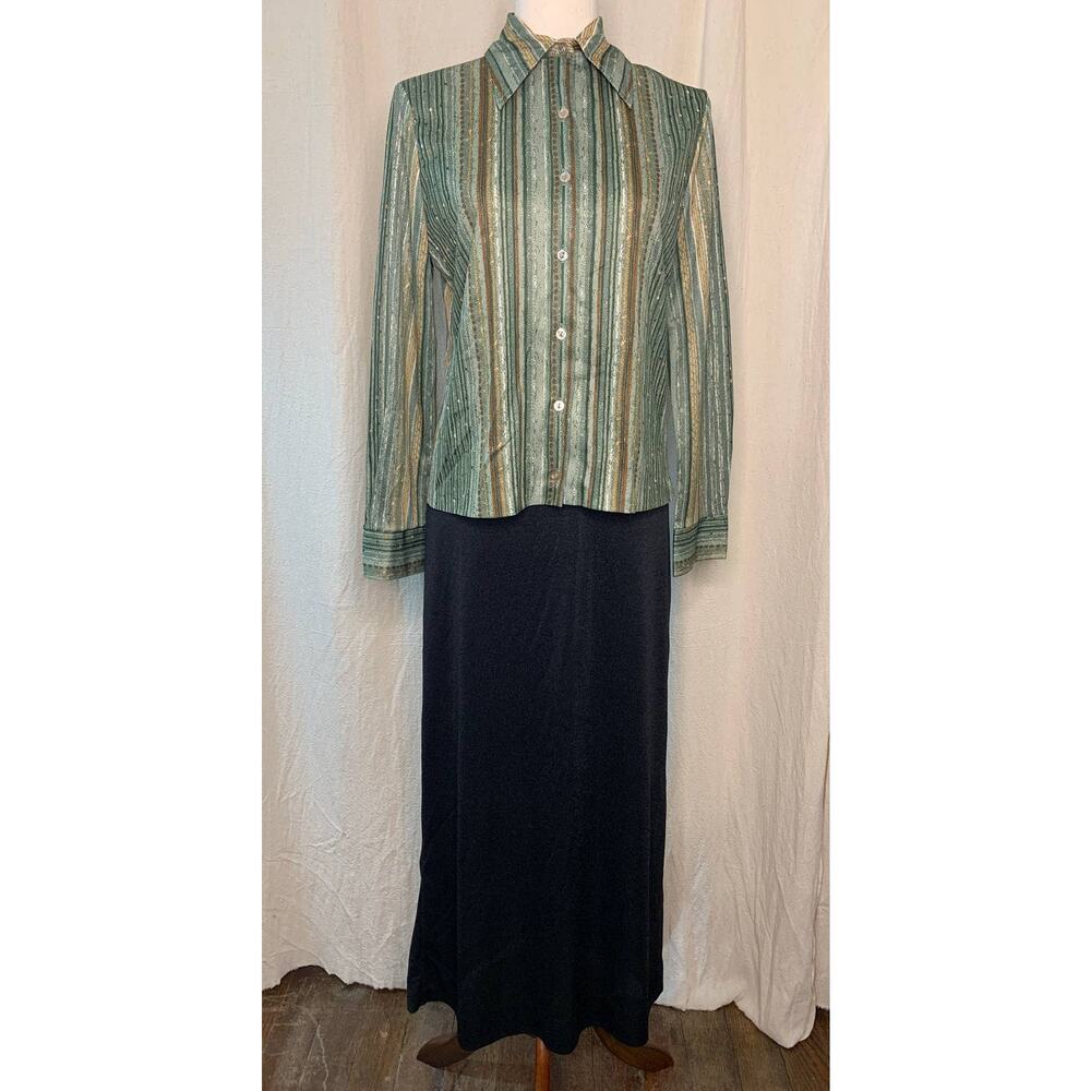 1970s Devon Retro Disco Earth Tones Stripe Dagger Collar Shirt Maxi Skirt Set M